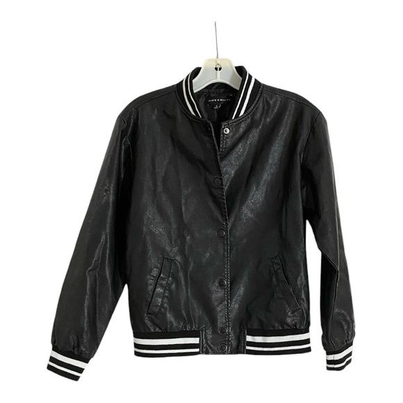 Slate & Willow Varsity Bomber Jacket in Black Faux Leather Size Small - Picture 6 of 11